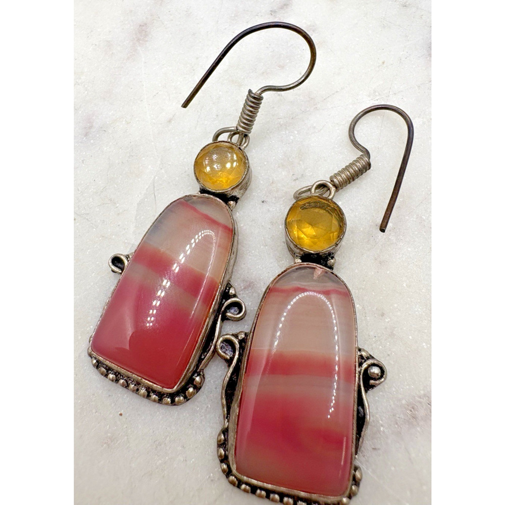 Pink Striped Agate Earrings on a wire with topaz set in sterling silver - Picture 6 of 7